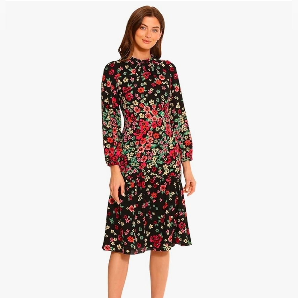 Maggy London Black Floral Midi Dress with Pink & Green Flowers